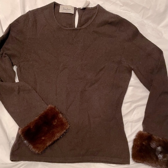 Mink & Cashmere genuine fur cuff sleeves sweater brown Neiman Marcus Vintage